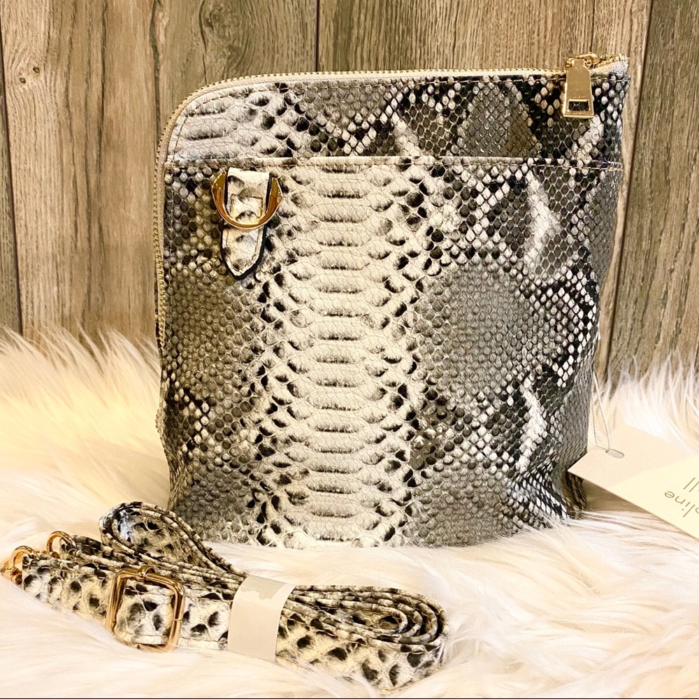 Black White Gray Faux Snakeskin Crossbody Purse